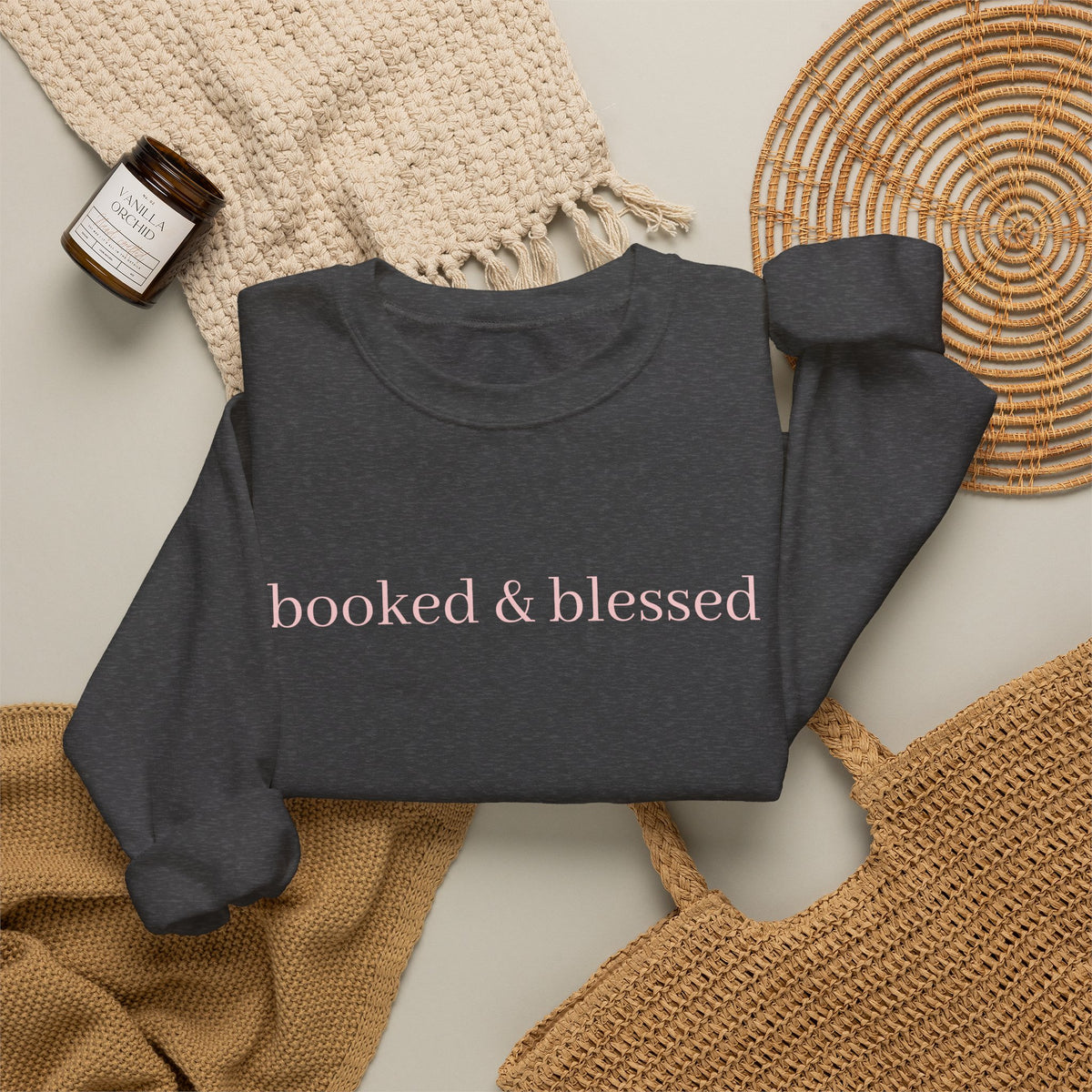 Crewneck Sweatshirt — "booked & blessed" Minimal Script Pullover